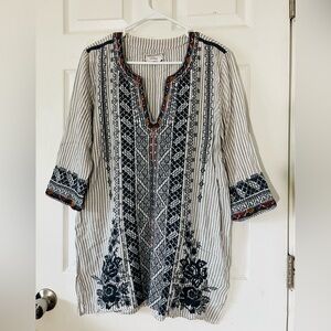 Johnny Was Striped Embroidered Tunic Top 3/4 Sleeves Sz S